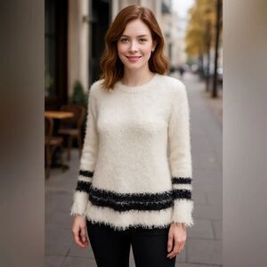 ✨ REBA White Fuzzy Sweater with Black Stripes – Size M
